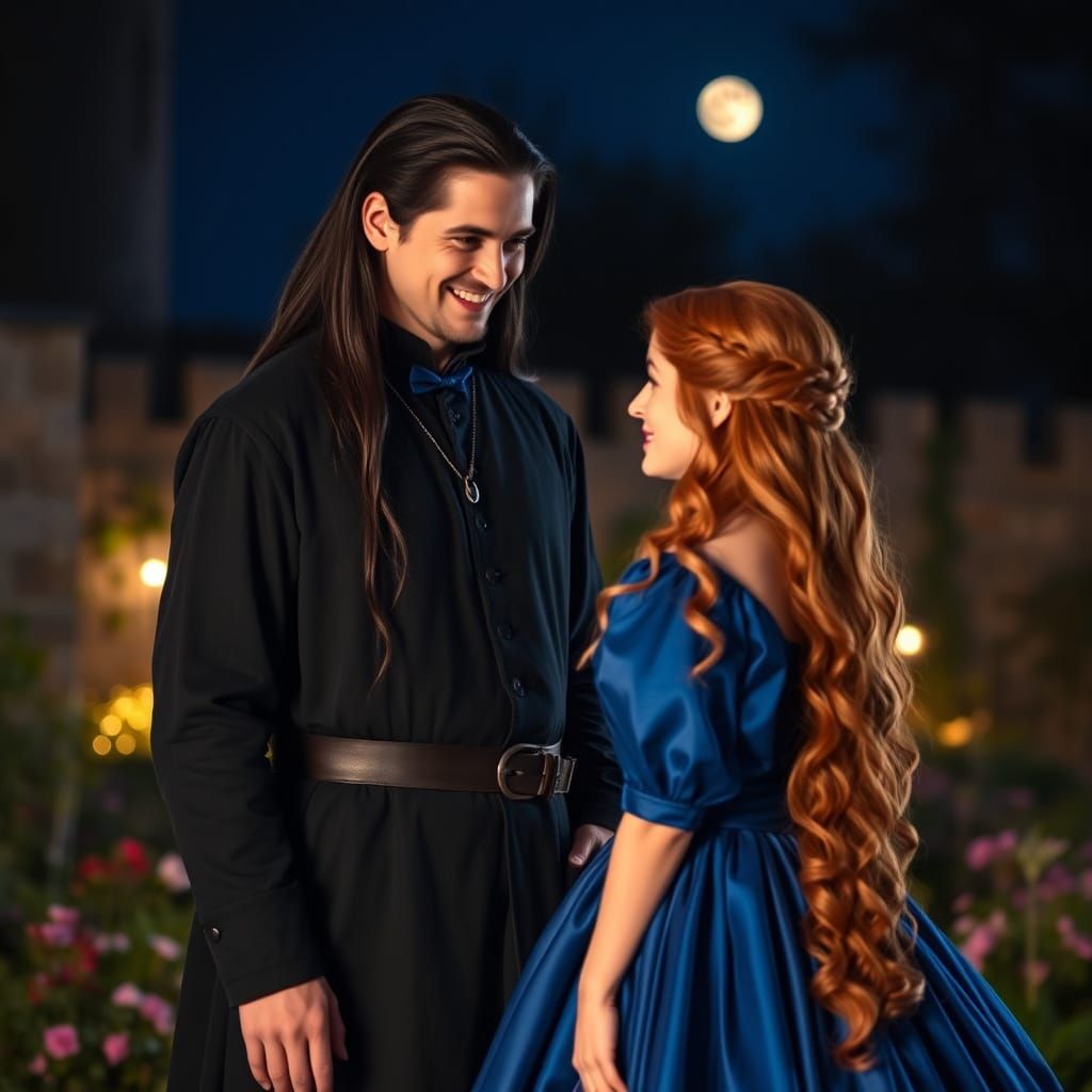 Medieval Gentleman Looks at His Beautiful Lady in Moonlit Ga...