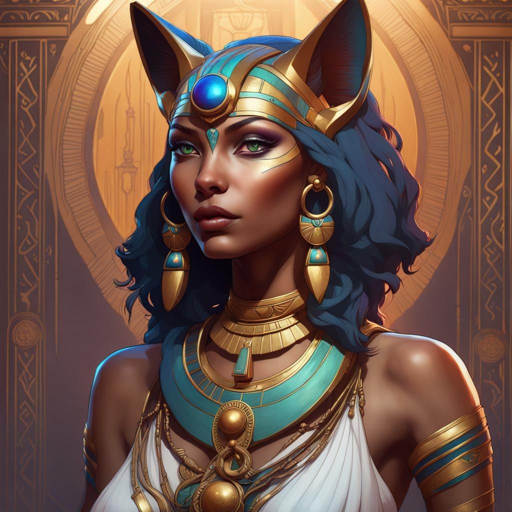 Bastet Egyptian goddess     , 8k resolution concept art portrait by Greg Rutkowski, Artgerm, WLOP, Alphonse Mucha dynami...