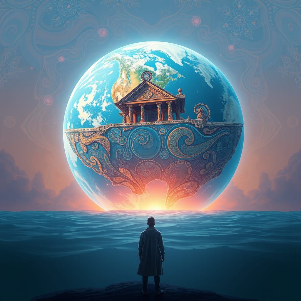 Figure in Awe Before Mother Earth: Abstract Digital Art