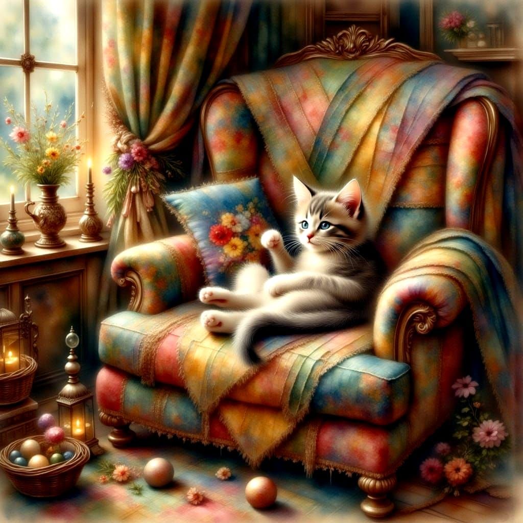Kitten Curled Up in Armchair in Watercolor Style