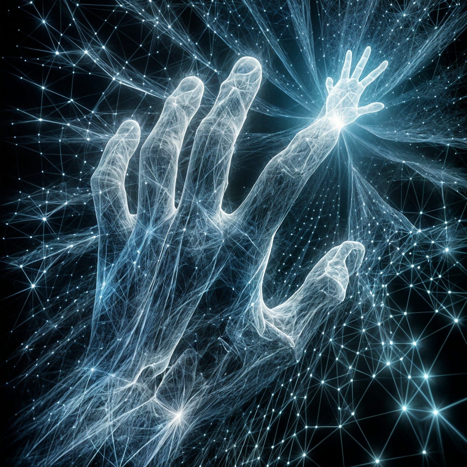 Ethereal Hand Reaching from Digital Web