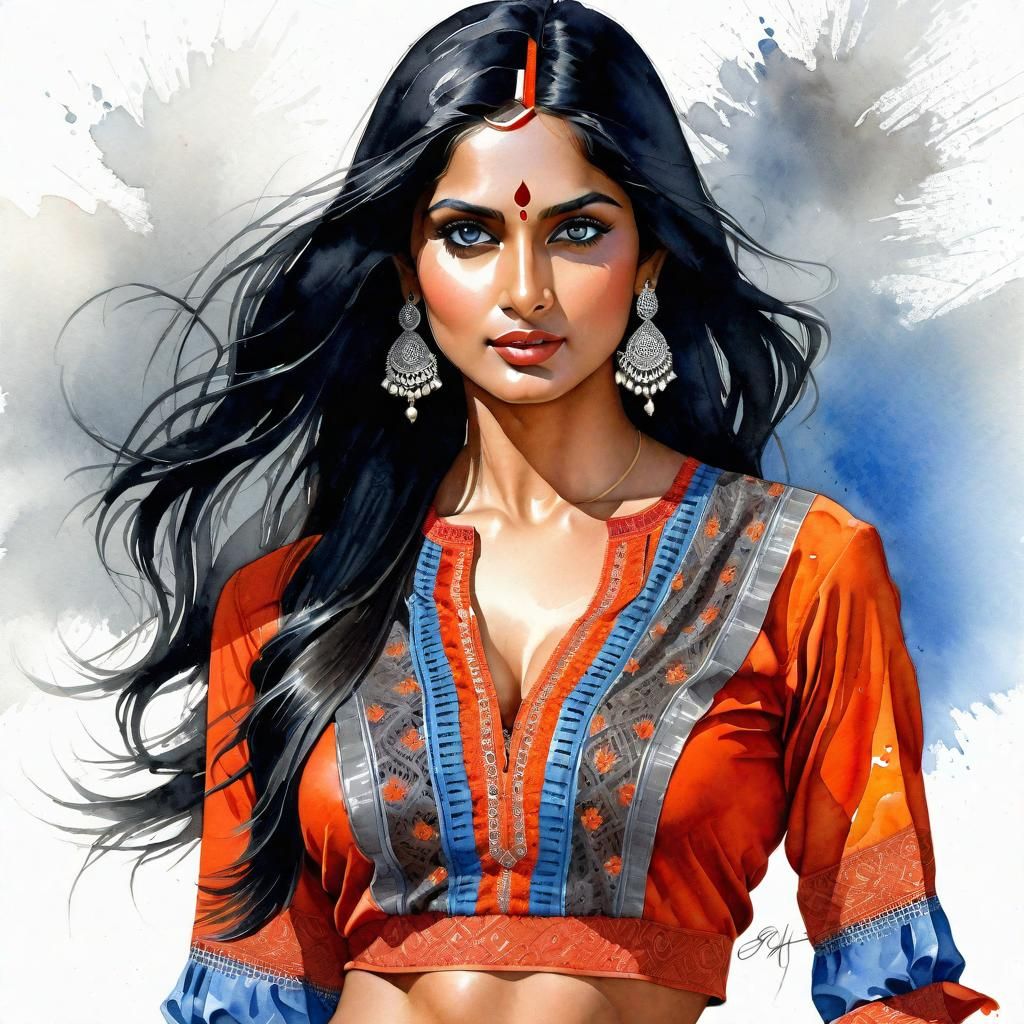 Beautiful Indian Woman Portrait in Watercolor Style