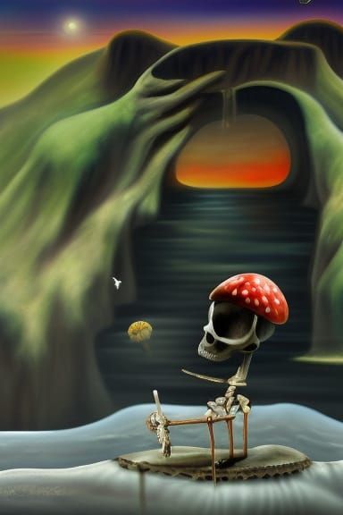 A Skeleton fishing on the moon with mushroom people, oil pai...