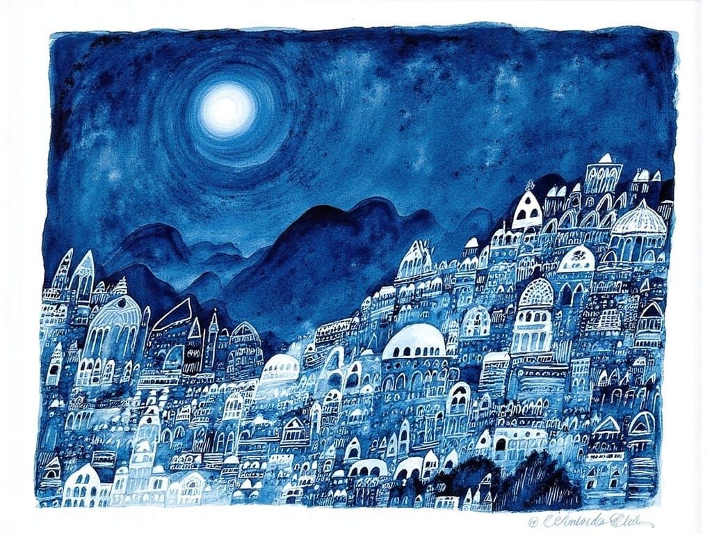 Intricate Blue Ink Drawing of a Whimsical Fairytale World
