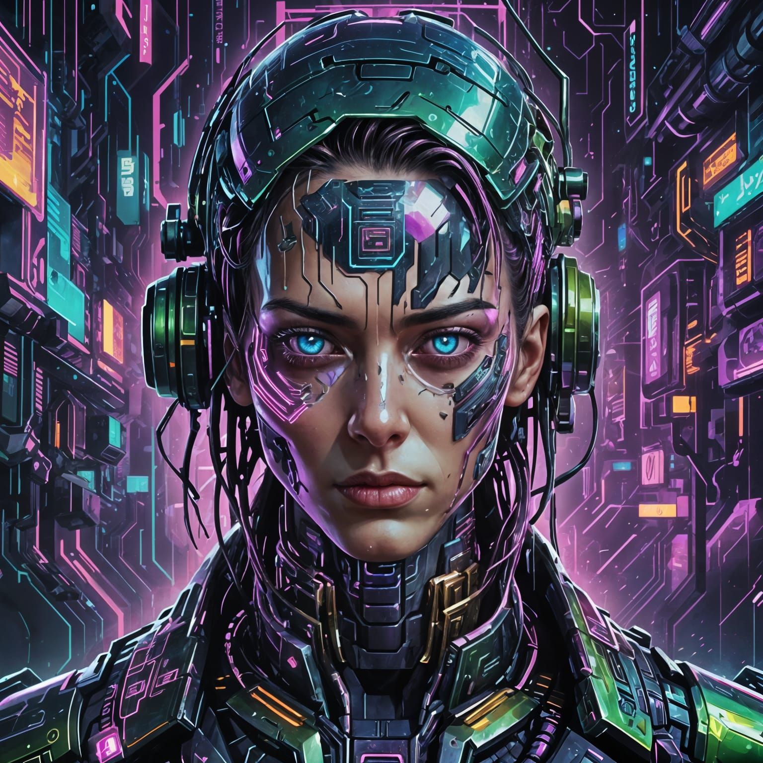 Cyberpunk Android Portrait in Glitch Art Style