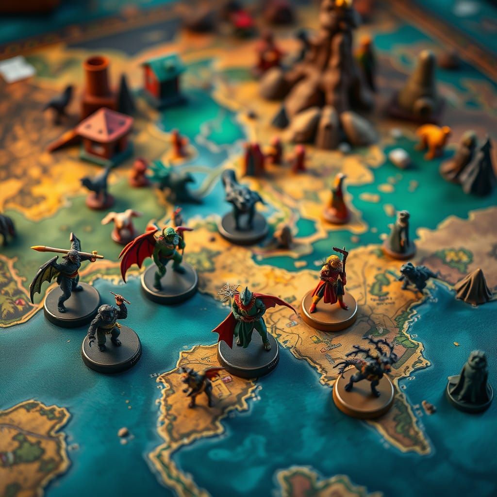 On a world map board game Tiny figurines tabletop
