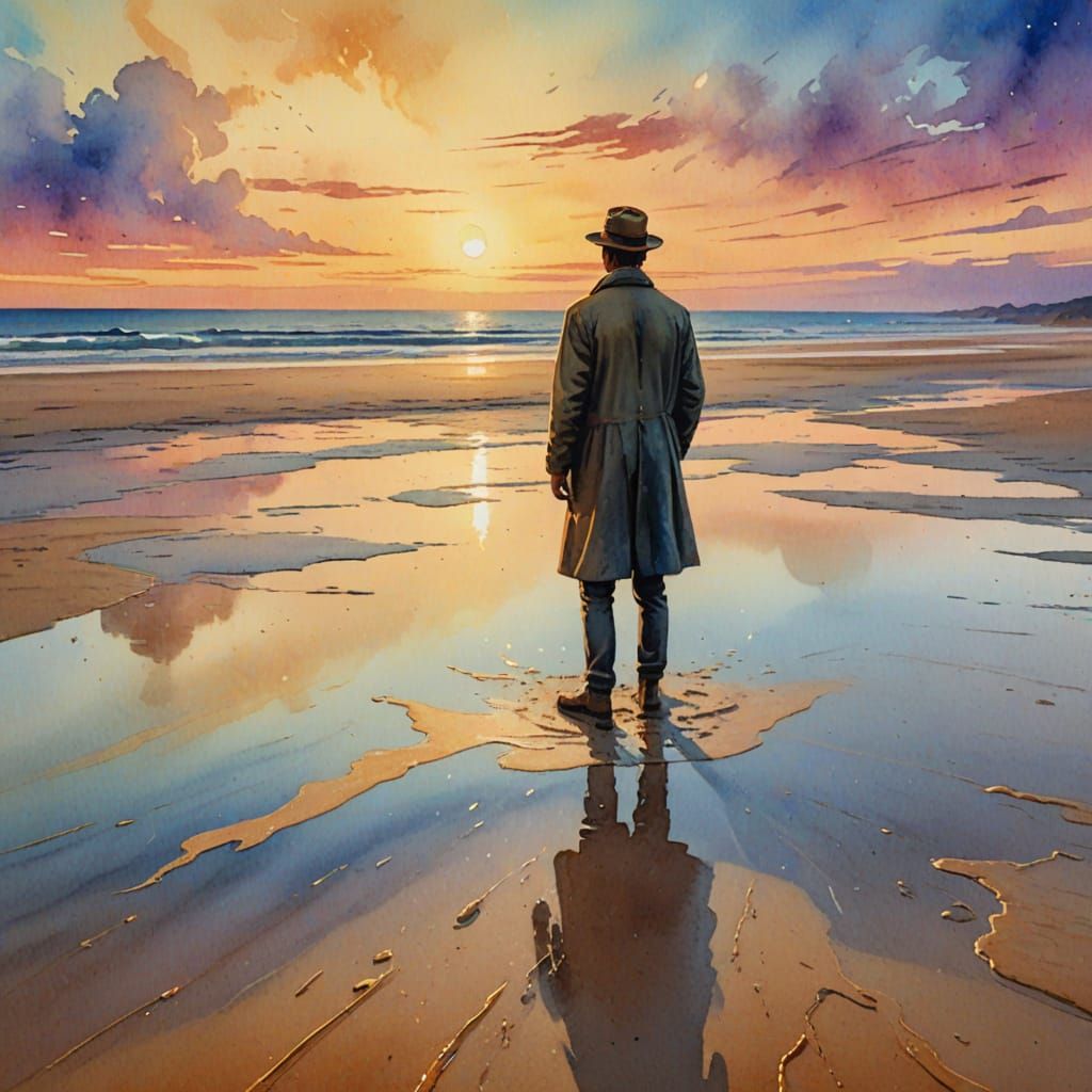 Impressionistic Beach Scene in Watercolor Style