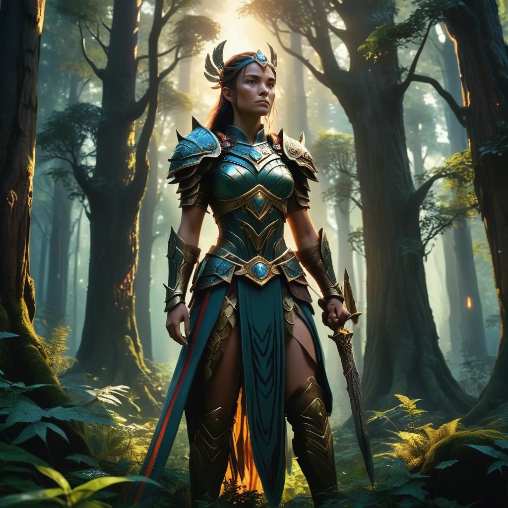 Regal Warrior in Mystical Forest: Fantasy Concept Art