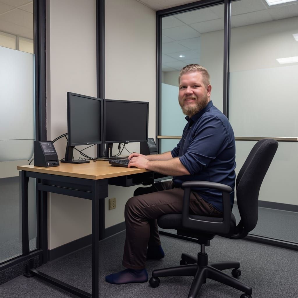 Focused Man Working at Desk in Glass Office