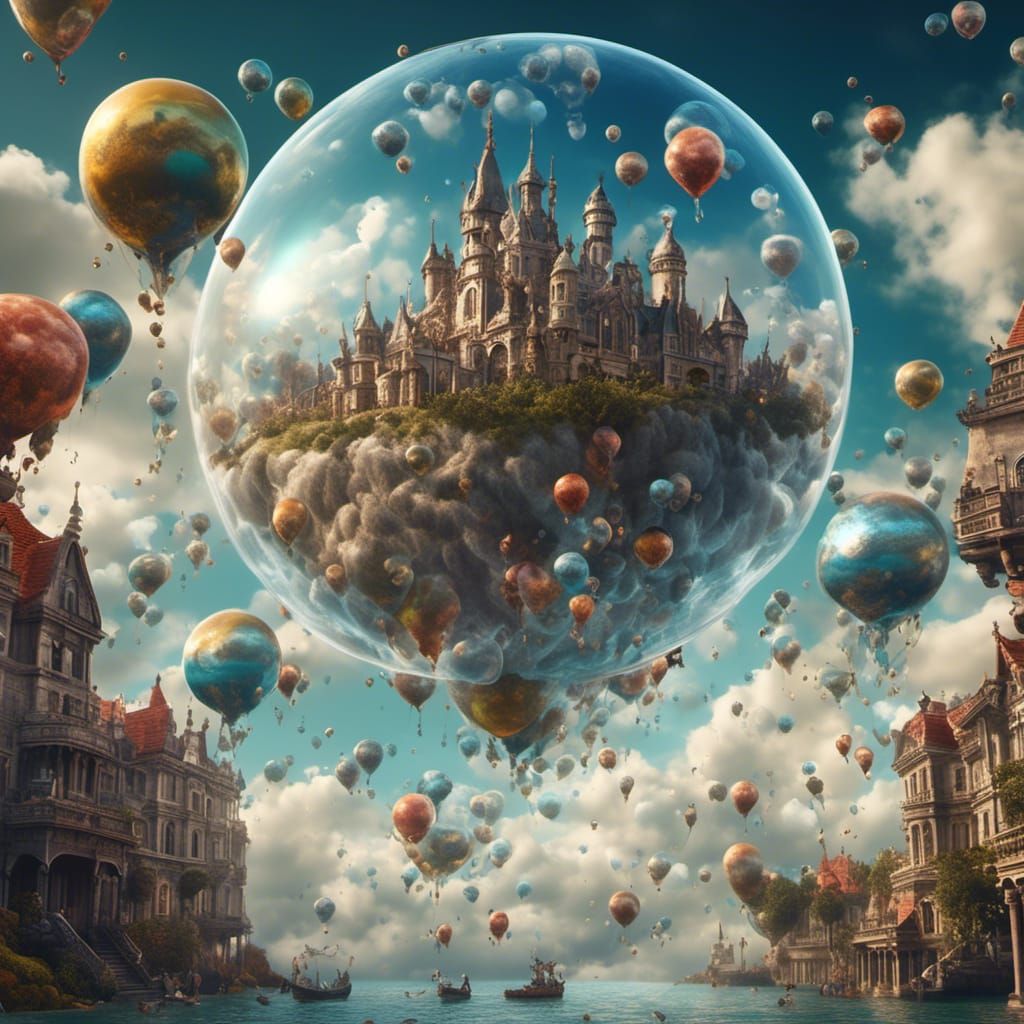 Fantastical Sky Bubble with Mansions in Hyperreal Style