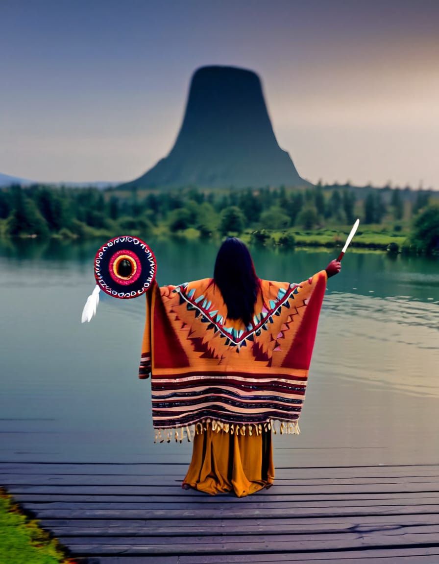 Native American Woman in Serene Landscape