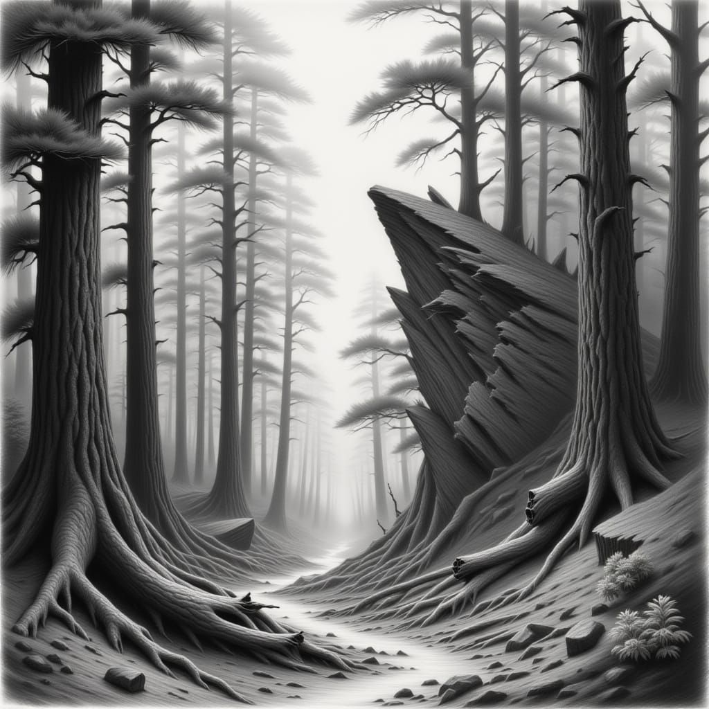 Mystical Forest in Charcoal and Pencil Sketch Style