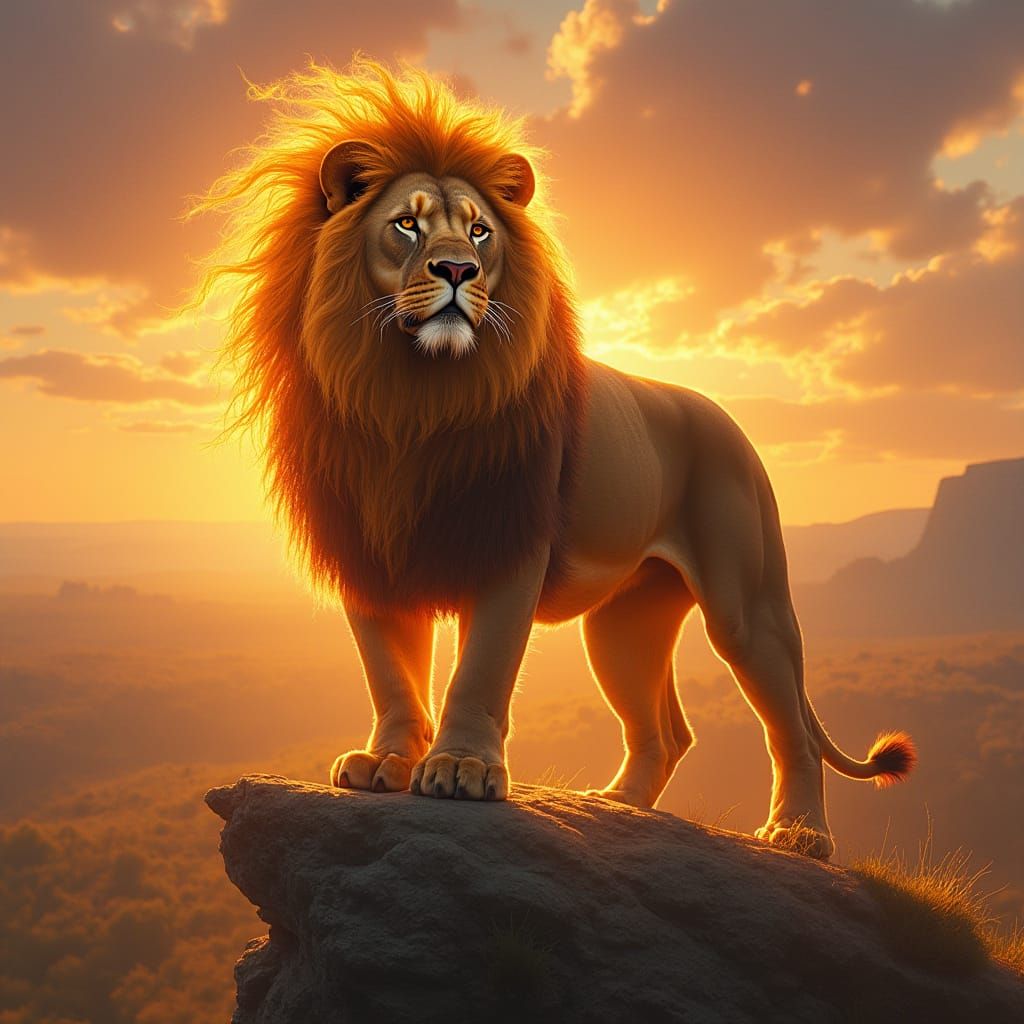Lion with Flaming Mane Overlooking Savannah