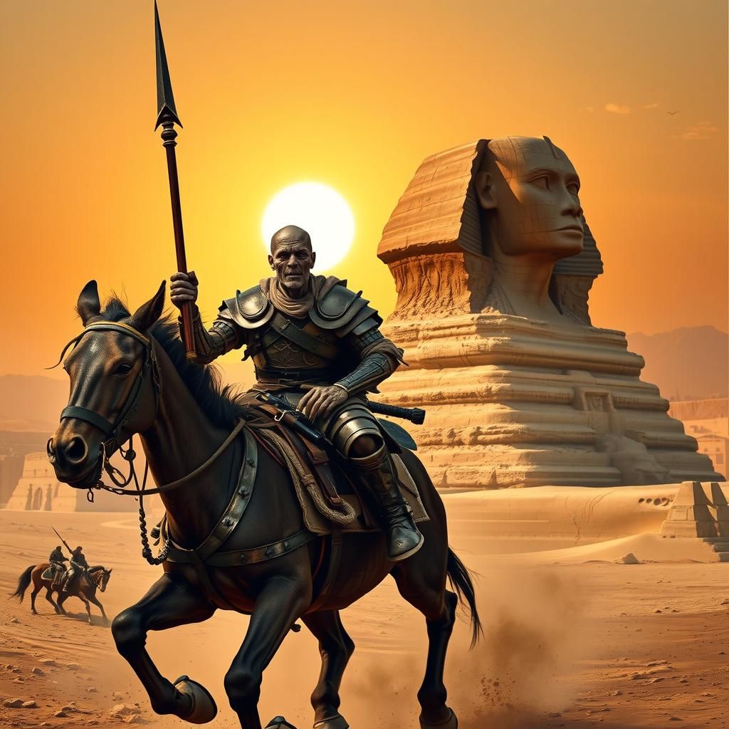 Don Quixote Charges the Sphinx in Photorealistic Style