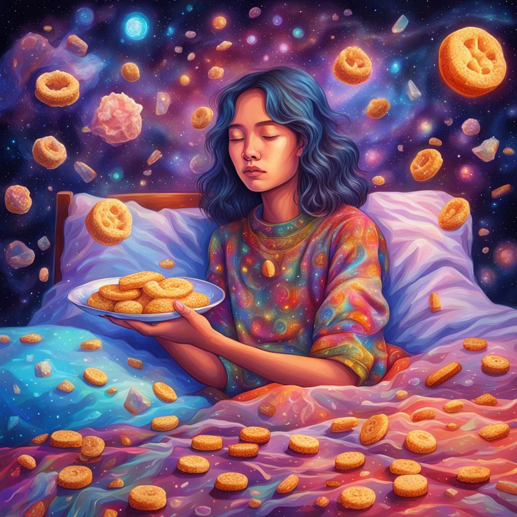 Young Woman Eating Rice Cakes: Astral Holographic Illustrati...