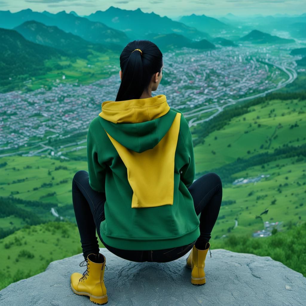 Girl Overlooking City from Mountain Top in Cinematic Style
