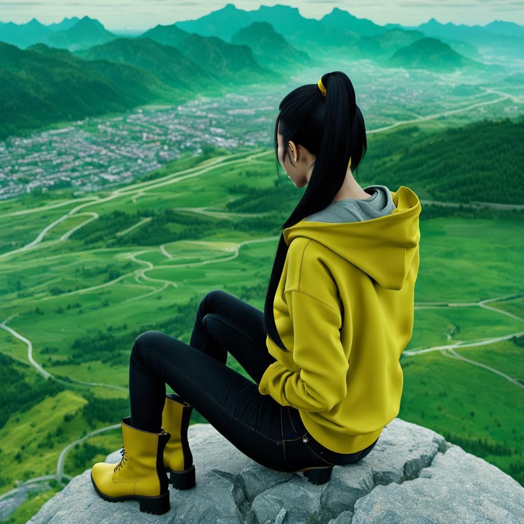 Girl Overlooking City from Mountain Top