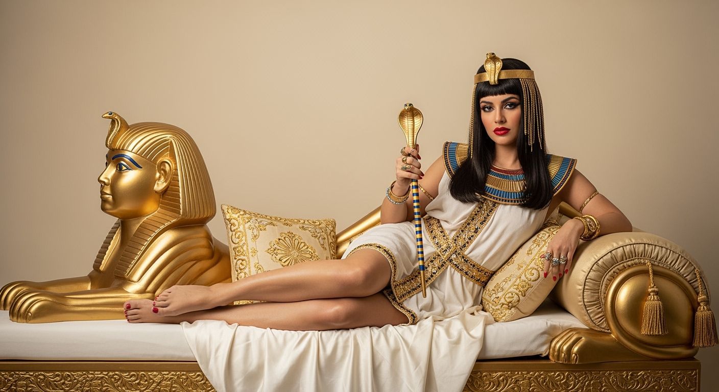 Egyptian Queen Lounging on Gold Sphinx Chaise Longue