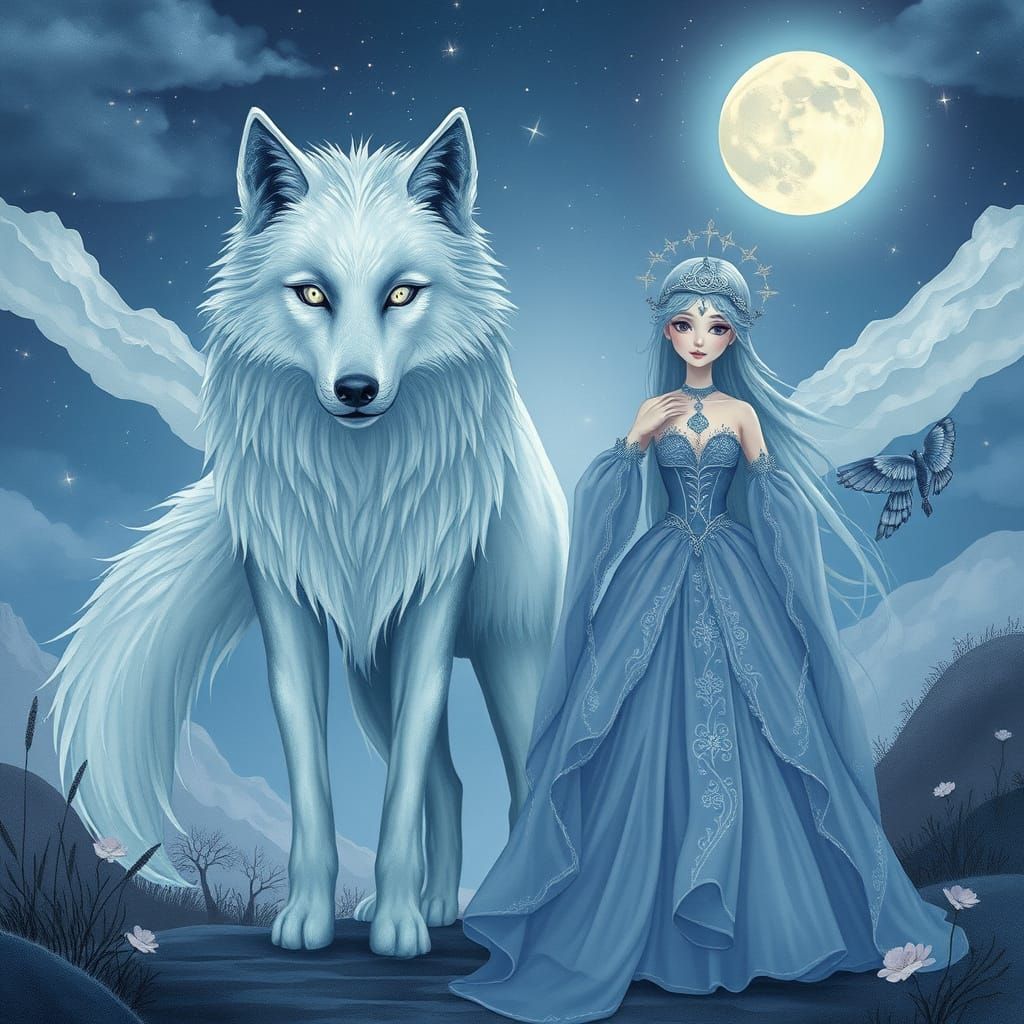 Lunar Princess and Ghostly Moon Wolf Fantasy Art
