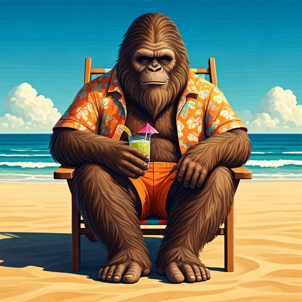 Bigfoot's Beach Vacation in Folk Art Style