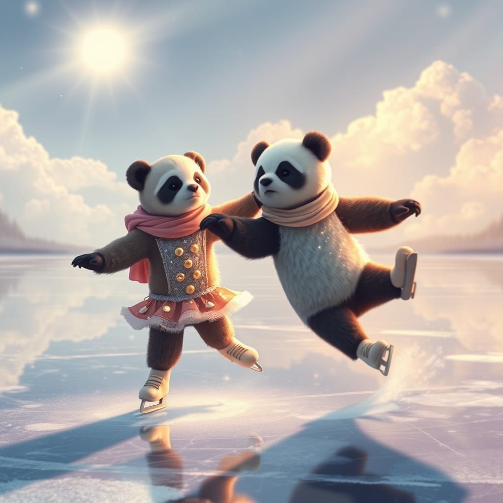 Sloth and Panda Ice Dancing in Ethereal Light