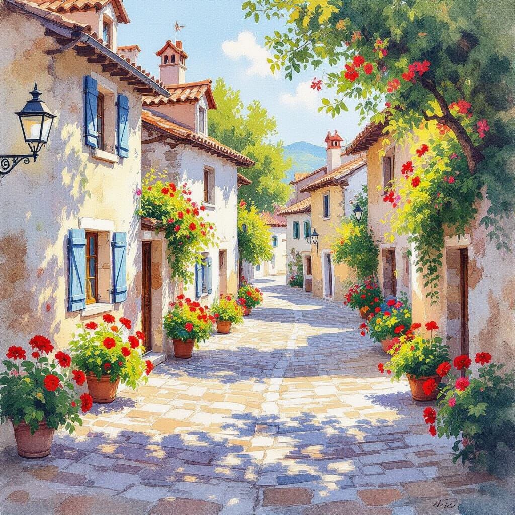 Watercolor Village Square Painting with Textured Brushstroke...