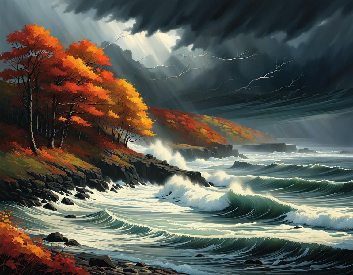 Autumn Storm on the Coast in Dark, Moody Art