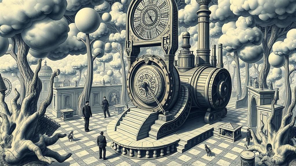 Steampunk Engine in Surreal Fantasy Landscape