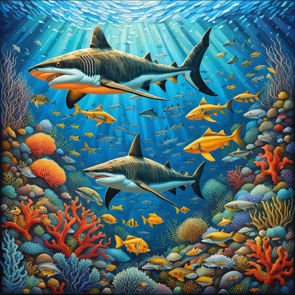Scary Sharks in Mosaic Underwater Landscape