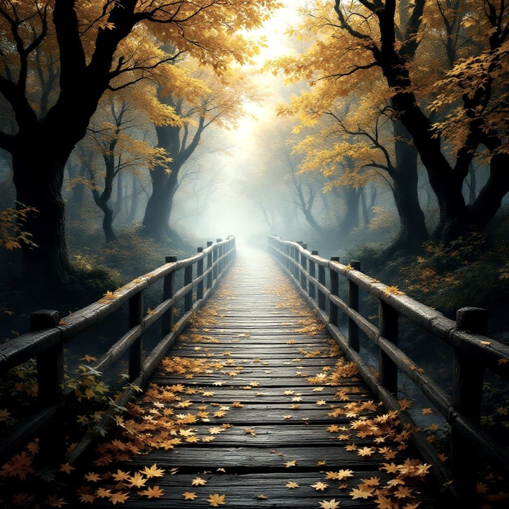 Mystical Autumn Bridge Into Misty Forest