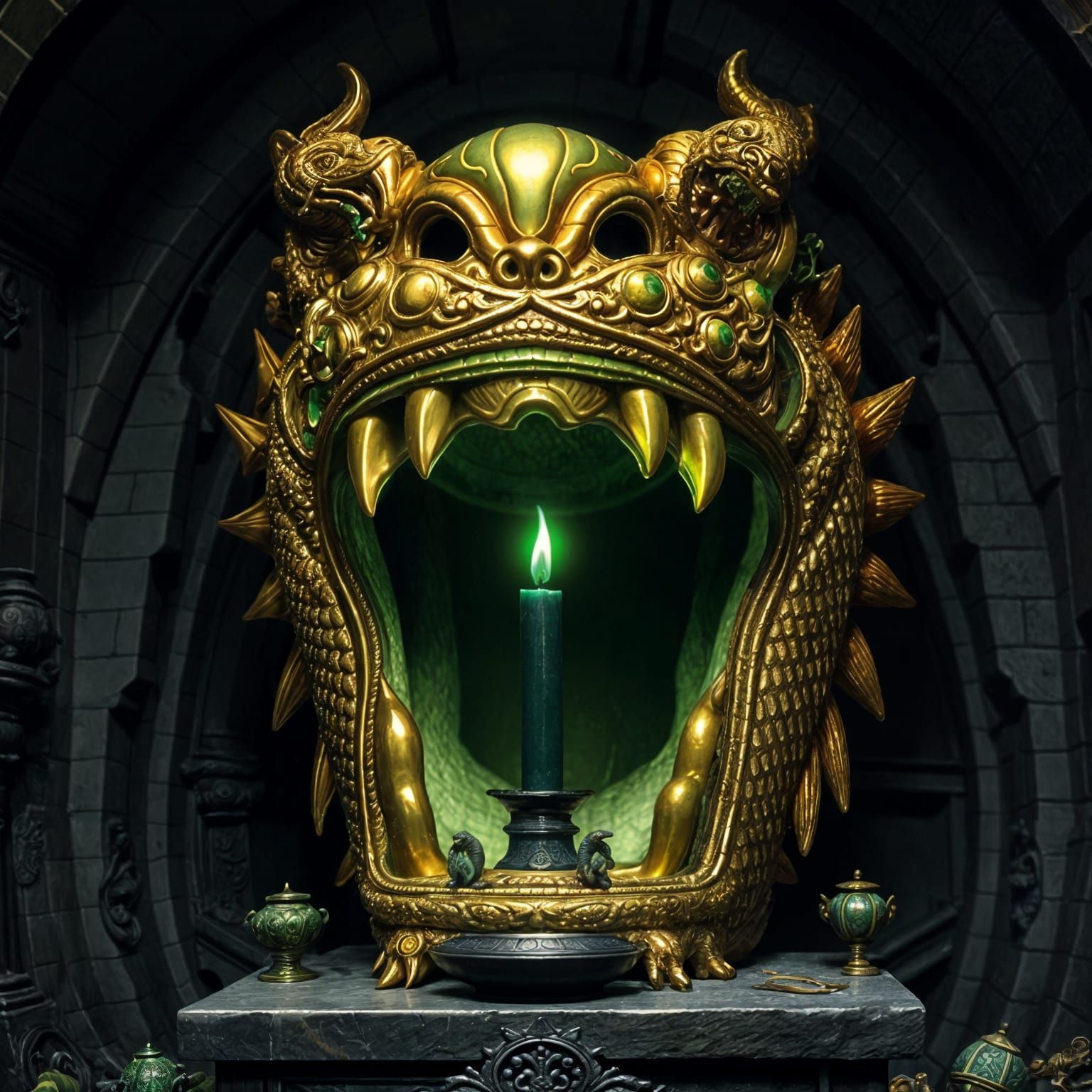 Golden Japanese Dragon with Green Flame Candle