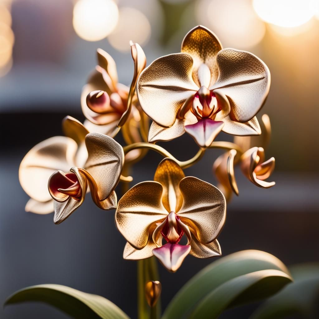 Golden Metal Orchids in Golden Hour Photography