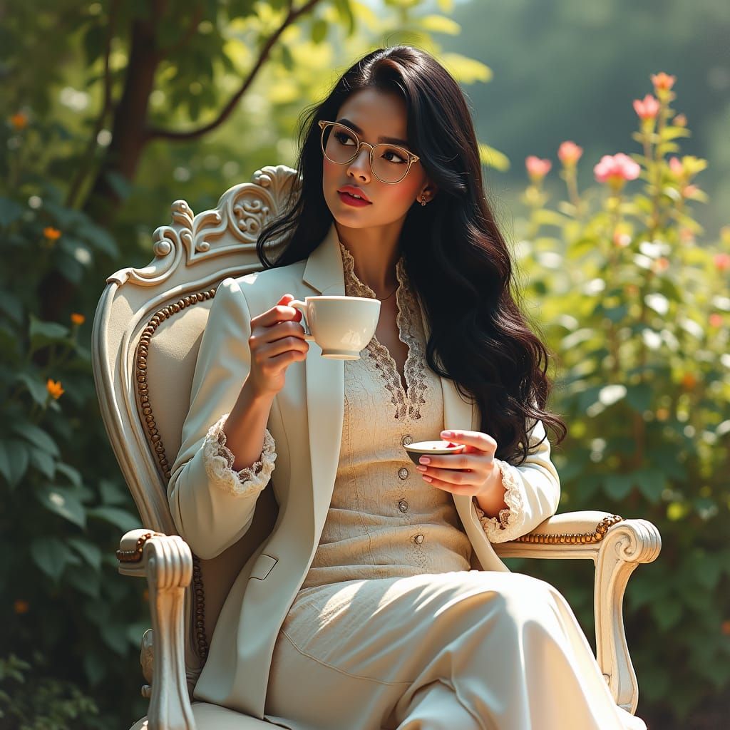 Woman in Lace Coat Sipping Coffee Outdoors