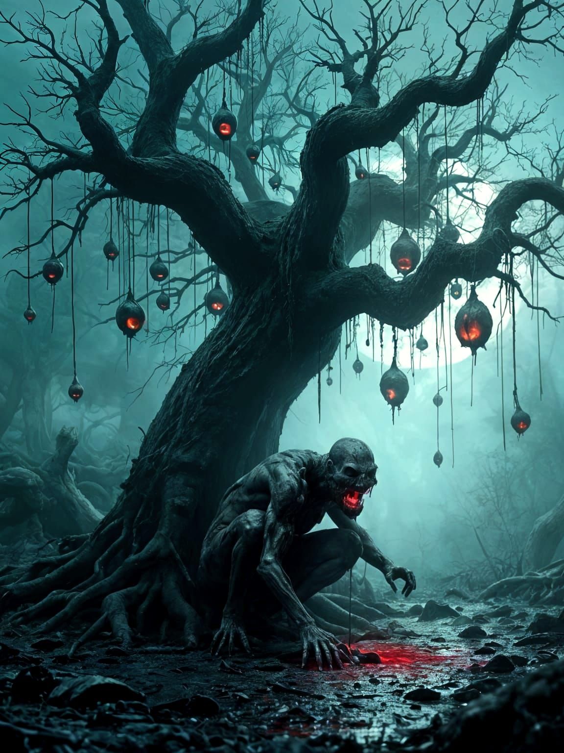 Demonic Creature in Haunted Forest with Eye Tree