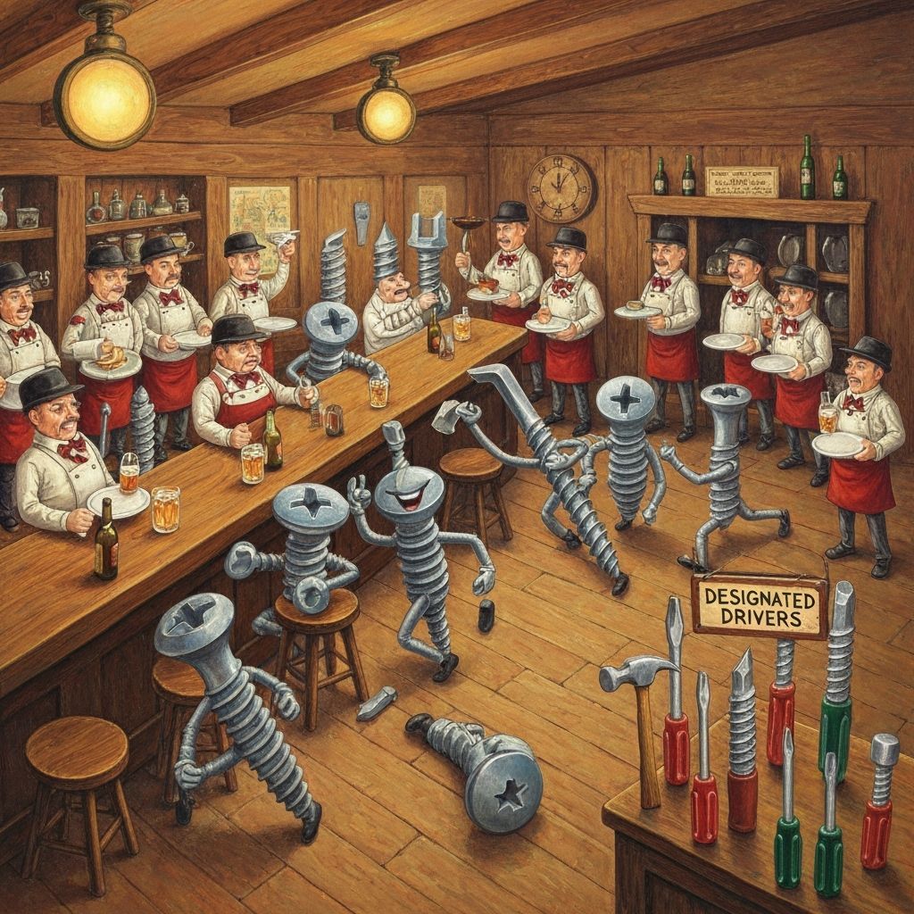Anthropomorphic Screws Celebrate in a Folk Art Tavern