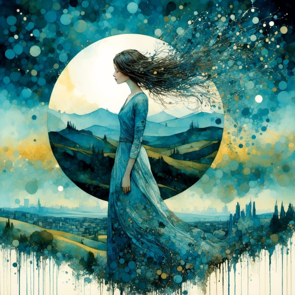 Girl on Hill in Art Brut Style