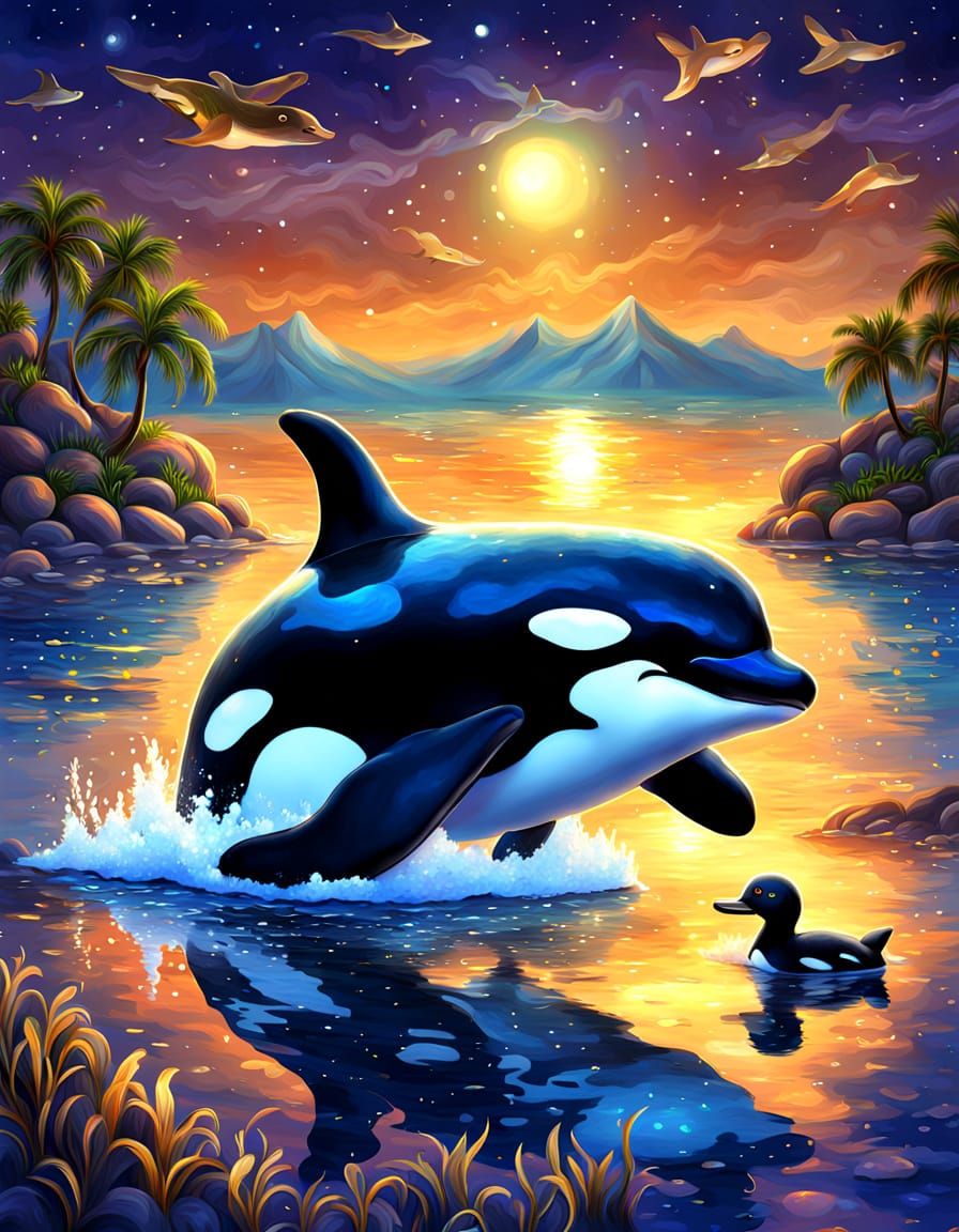 Killer Whale with Duck on Beach, Digital Art