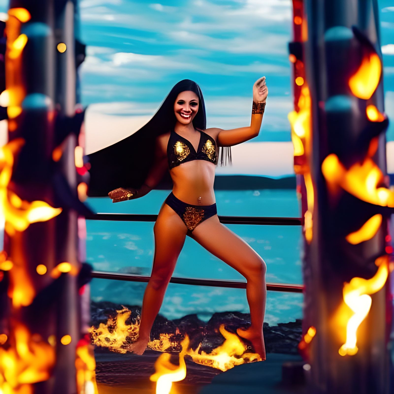 Woman in Gold Bikini Dancing in Flames