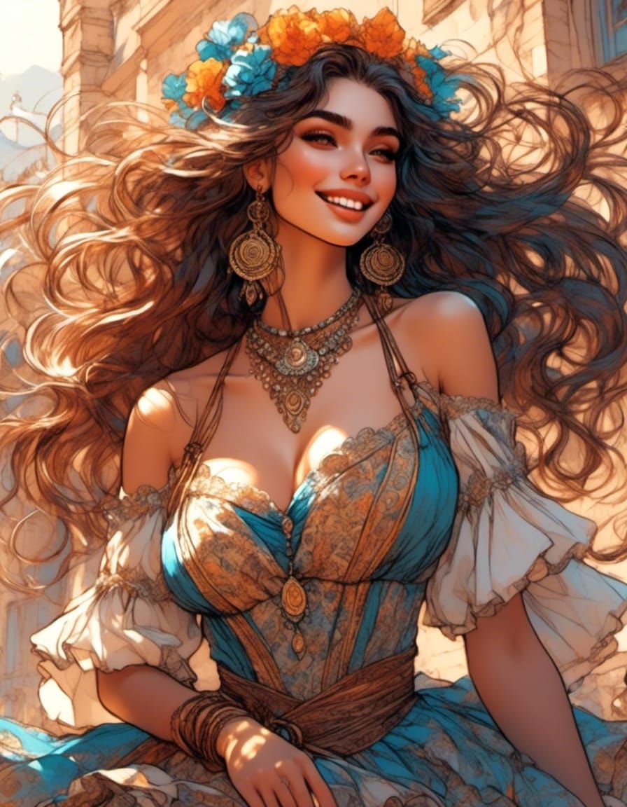 Joyful Gypsy Bandit Girl in Anime Style