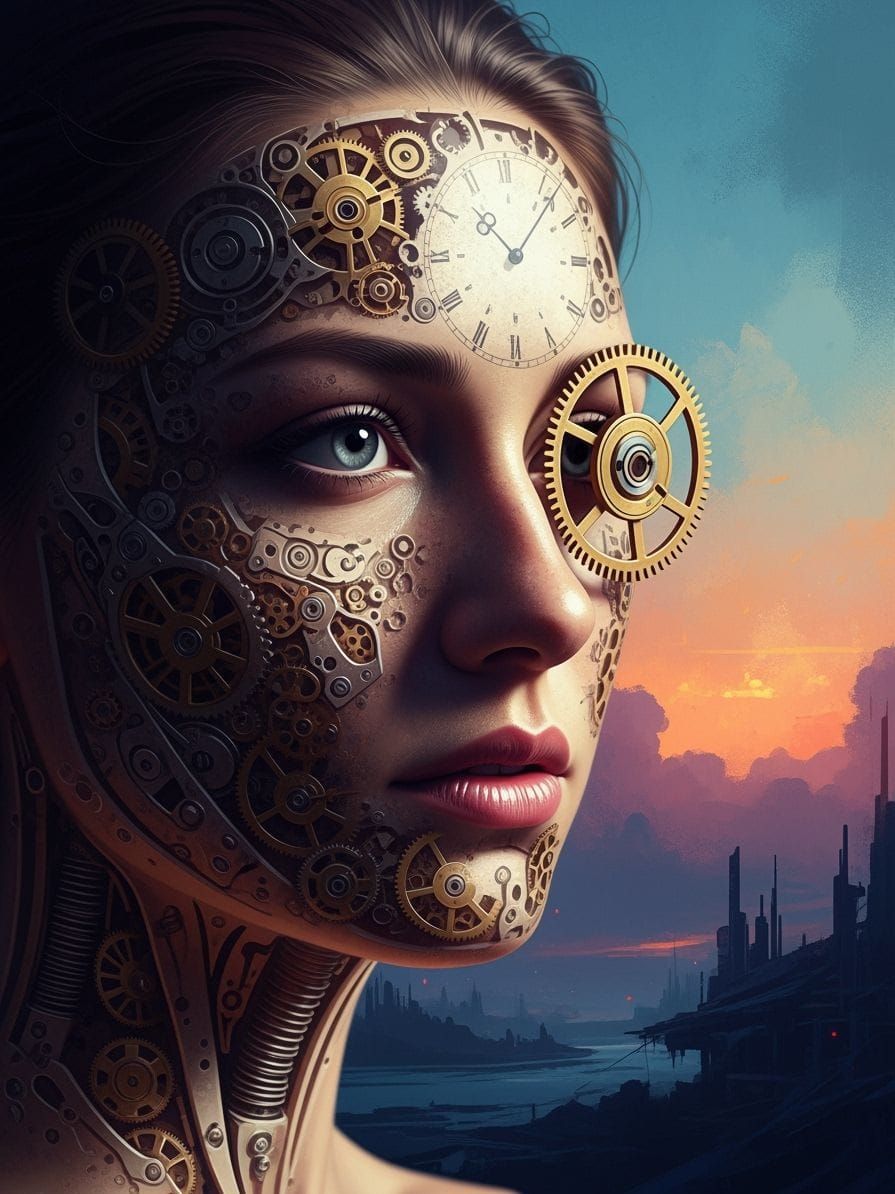 Woman's Face Fused with Intricate Clockwork Art