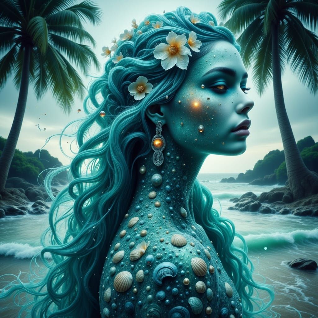 Aqua-Blue Hurricane Woman in Digital Painting Style