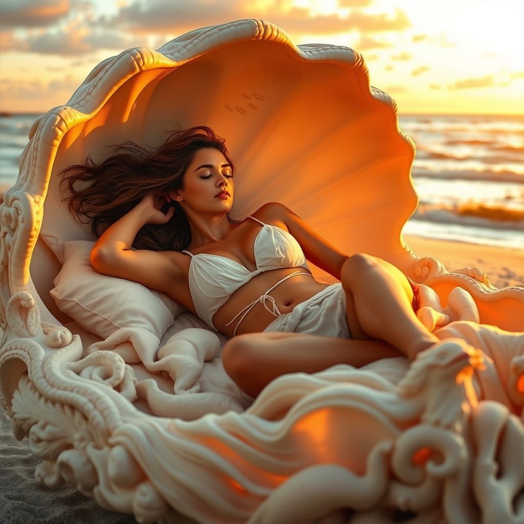 Serenely Sleeping Beauty on Shell-Shaped Beach Bed