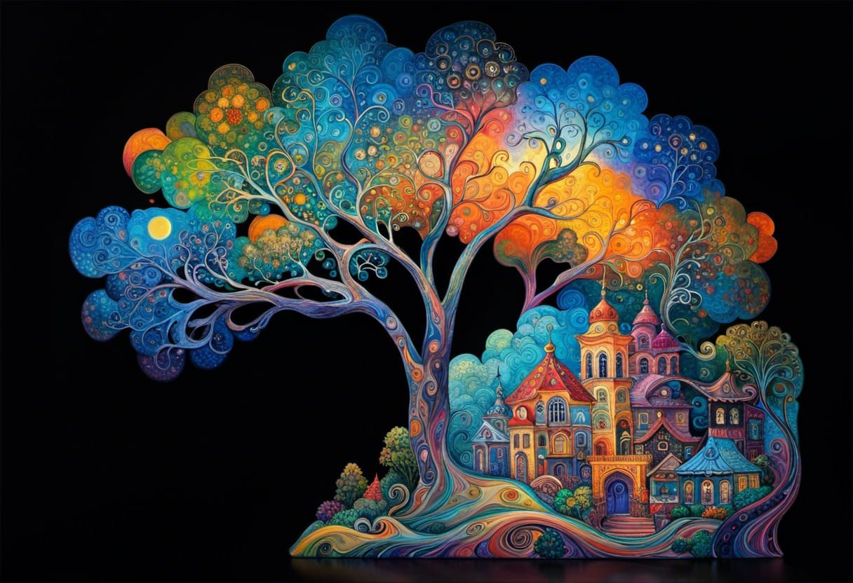 Rainy Night Cityscape in Psychedelic Style