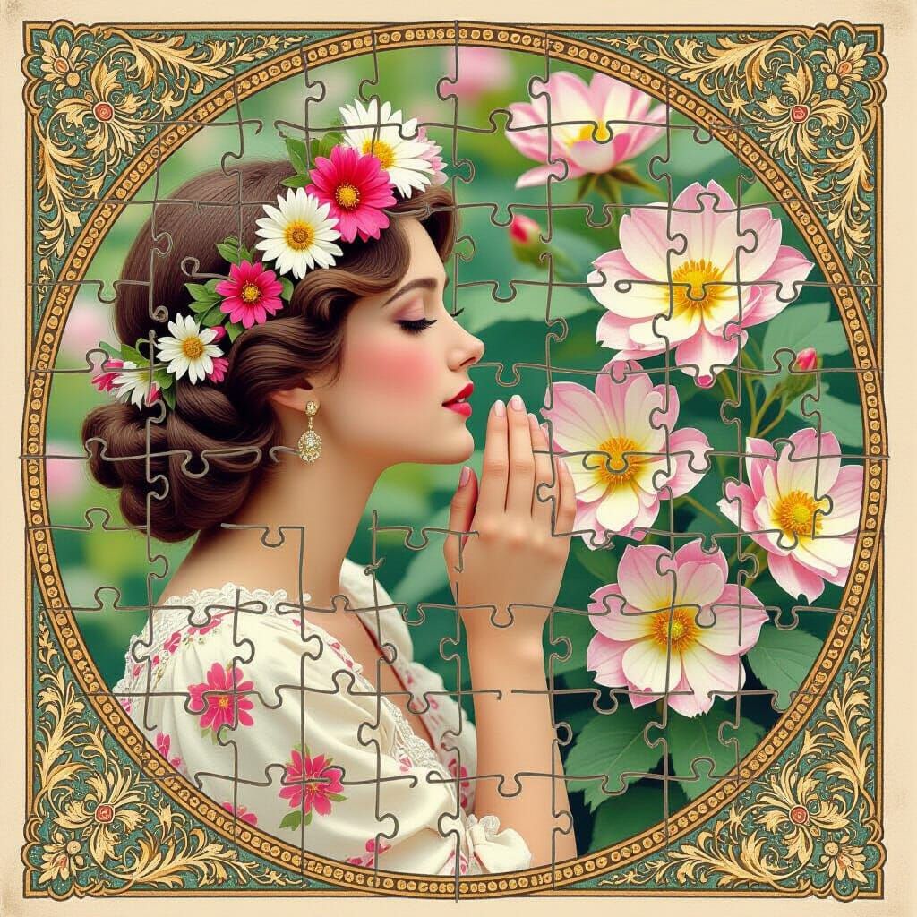 Woman in Floral Crown, Art Nouveau Collage