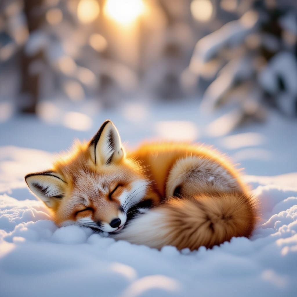 Adorable Baby Fox Sleeping in Snow, Golden Morning Light