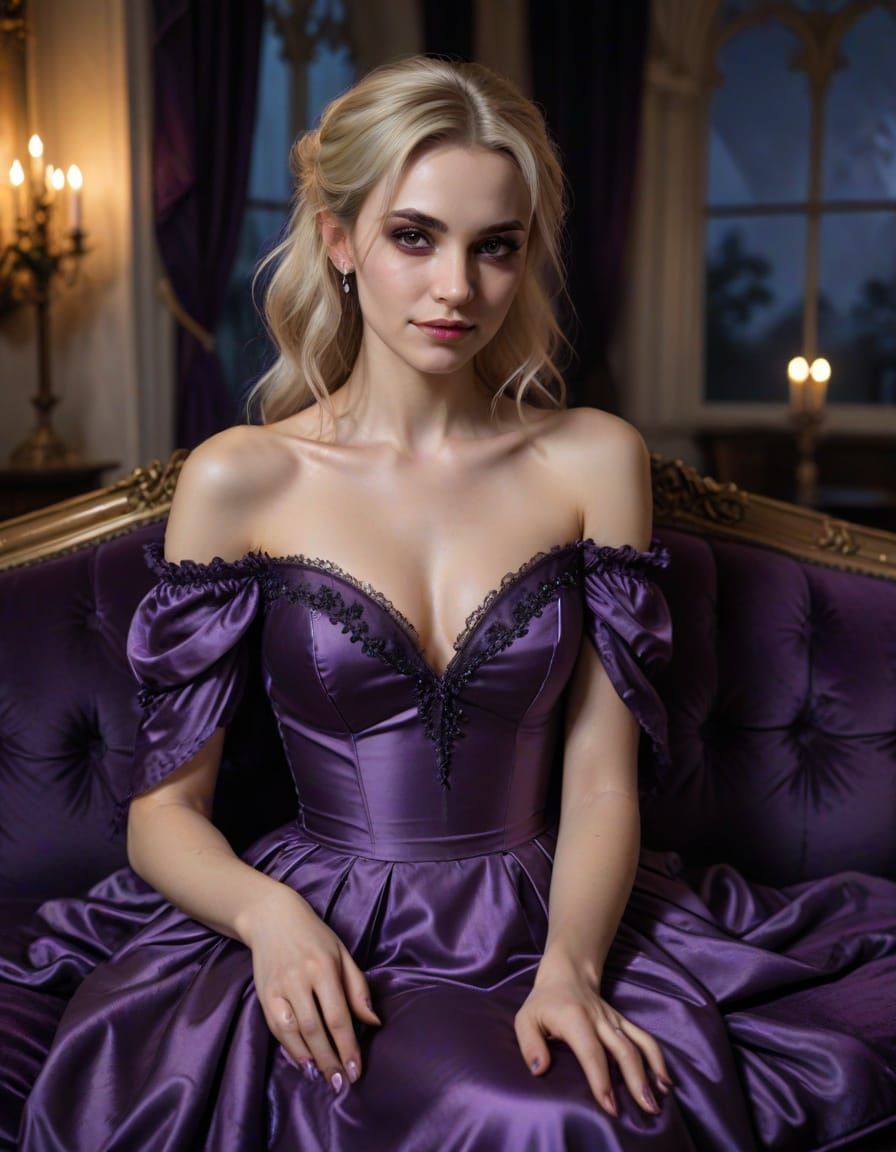 Gothic Vampire Portrait in Purple Satin Dress