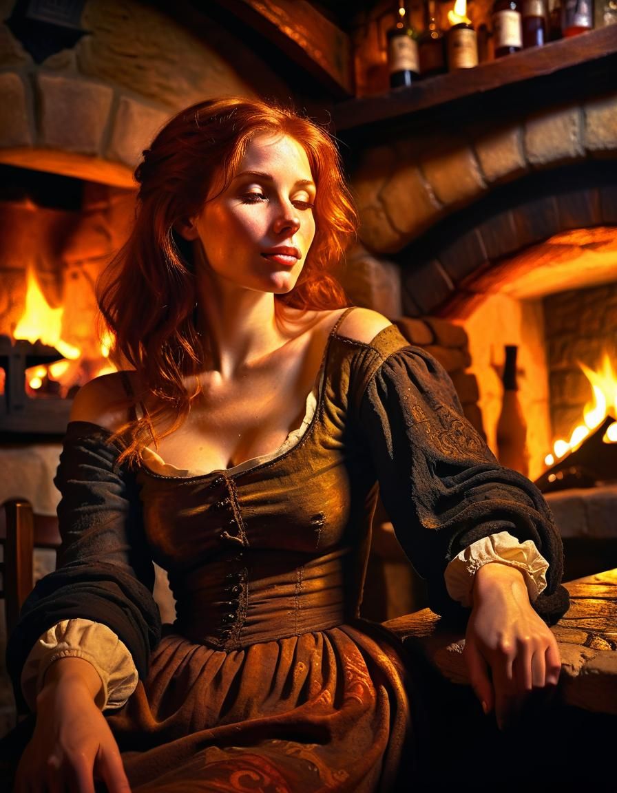 Baroque Auburn Woman in Tavern with Golden Light