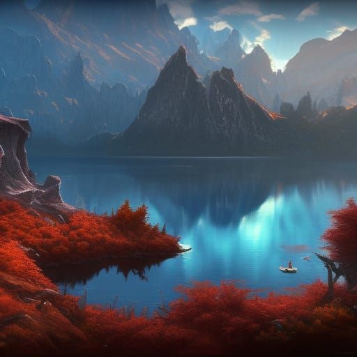 Lake in Mountains: Detailed Matte Painting