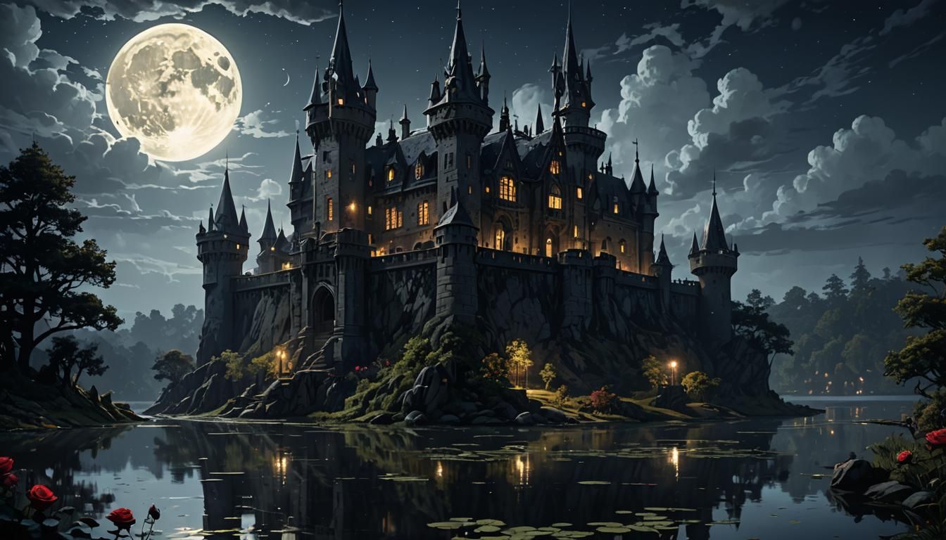 Dark Fantasy Castle at Night, Digital Art