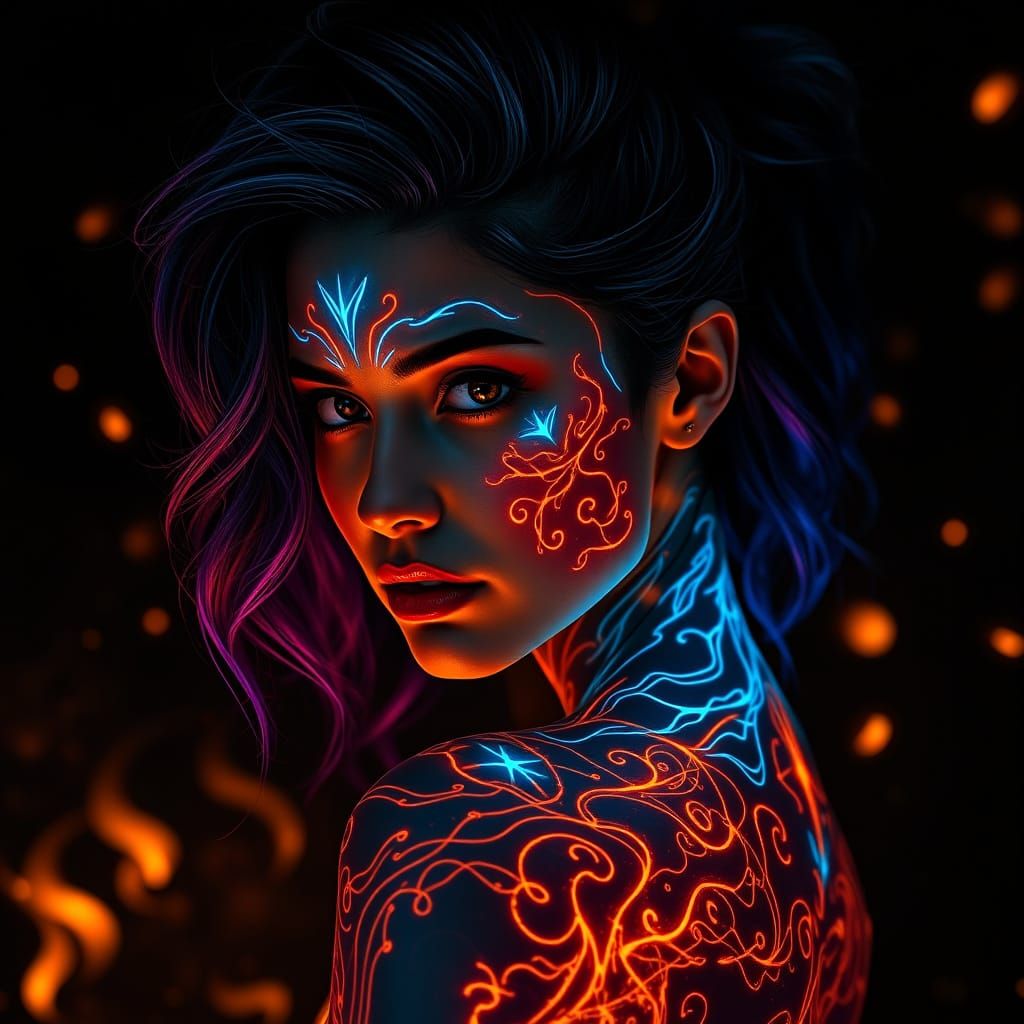 Glowing Cyber-Fantasy Woman in Dark Mystical Setting